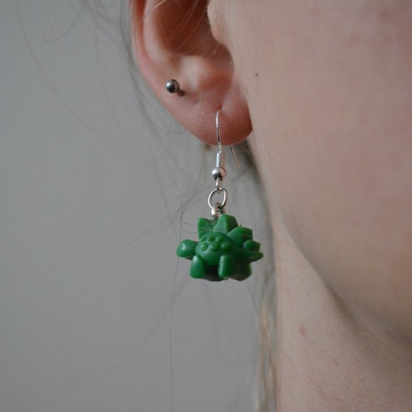 Handmade Recycled Stegosaurus Earrings - Picture 3 of 3